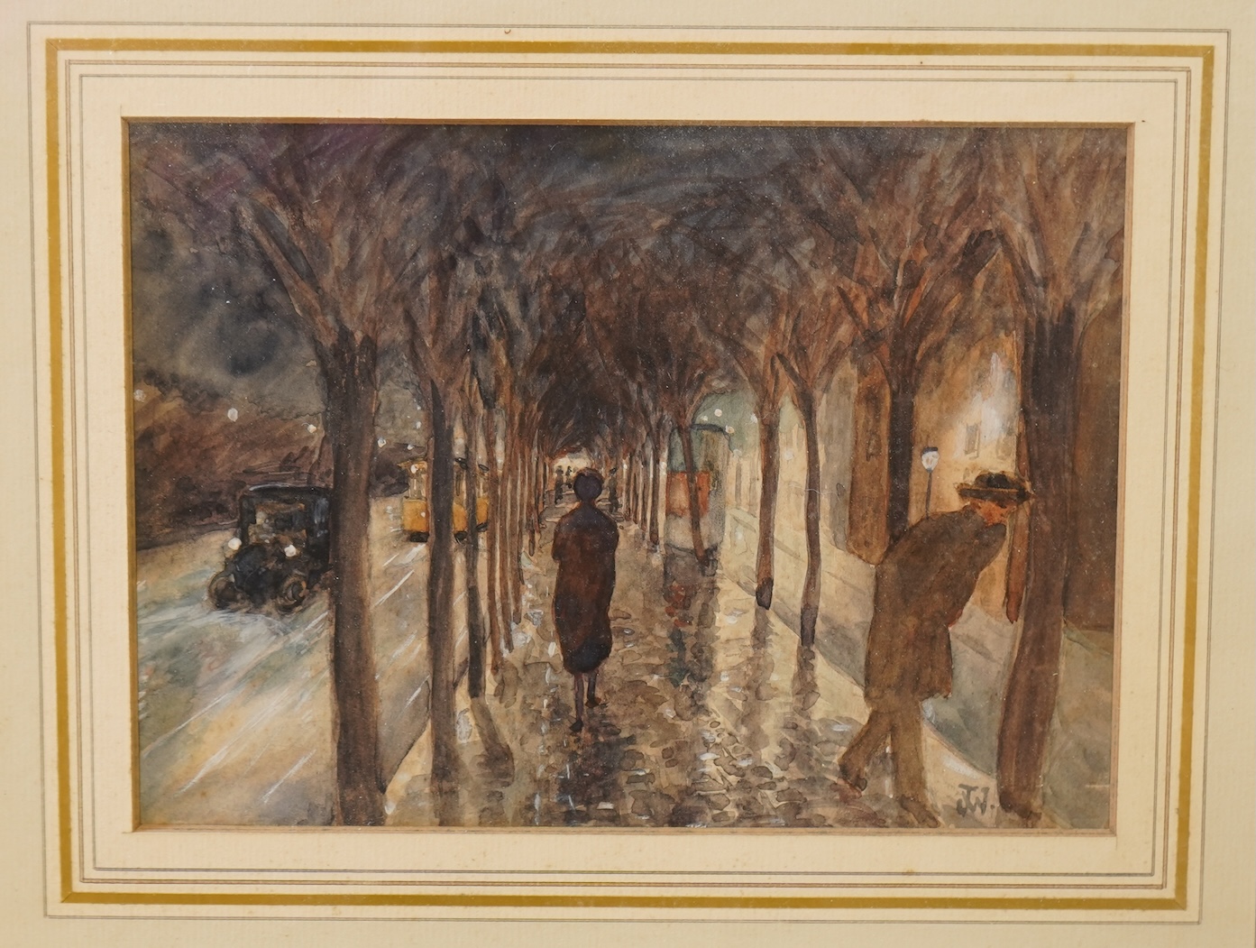 Jessica Walker (Arizona, Liverpool School of Art, Suffragette movement), Street scene at night, signed with monogram, watercolour, 14 x 19cm
